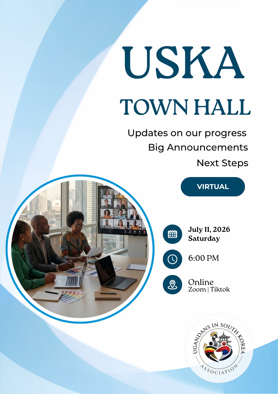 Official USKA Town Hall poster — Saturday 11 July 2026, 6:00 PM, virtual on Zoom and TikTok