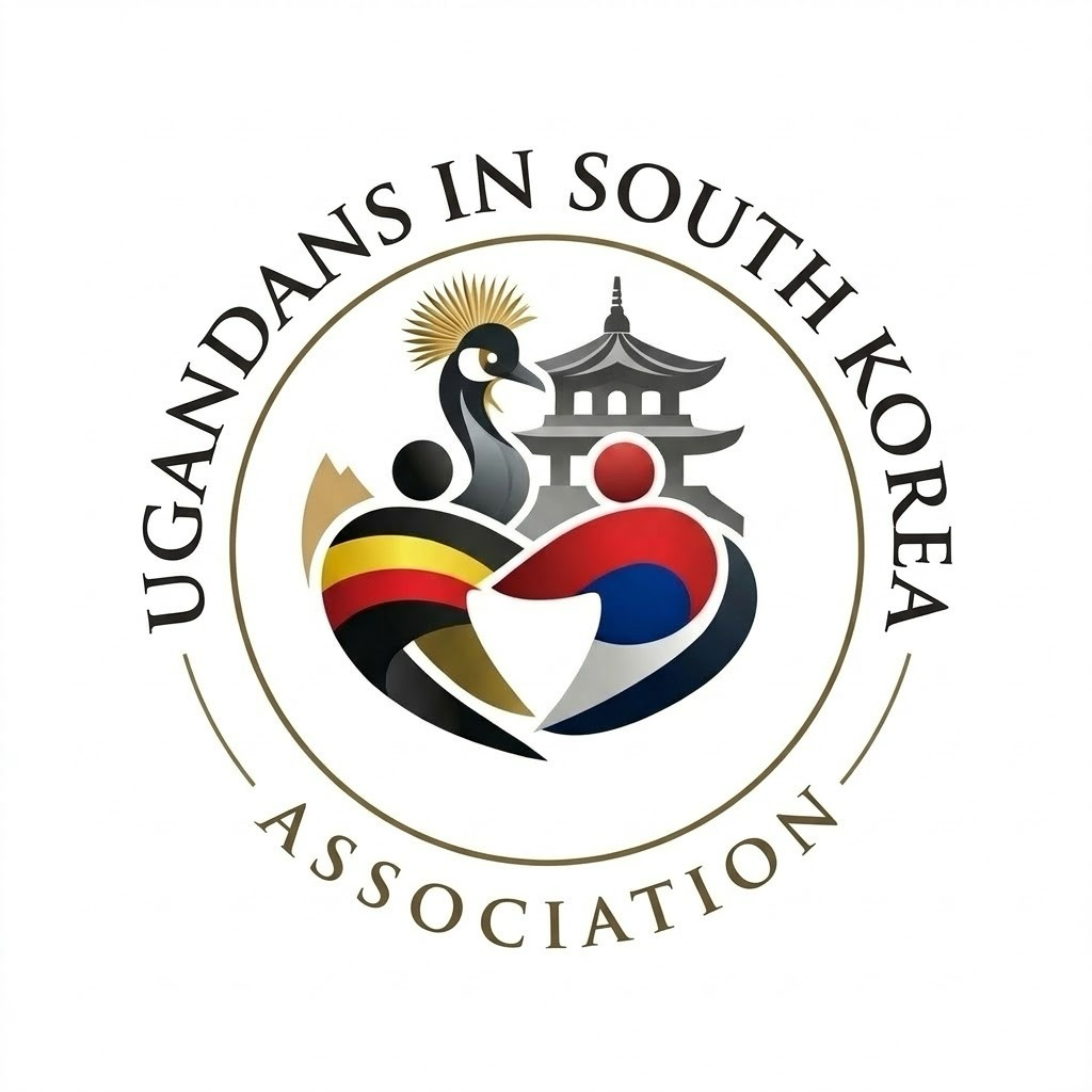 Official USKA logo — Ugandans in South Korea Association seal with crane, pagoda and linked figures in Uganda and Korea colours (adopted March 2026)